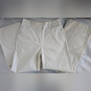 Loft Cotton/Linen Cropped Wide Leg Pants Wide Cuff Ivory With Navy Stripes Euc 2